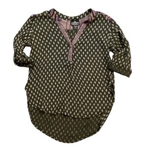 ANGIE Women's M Green Diamond Print Roll Tab Sleeve High Low Tunic Top